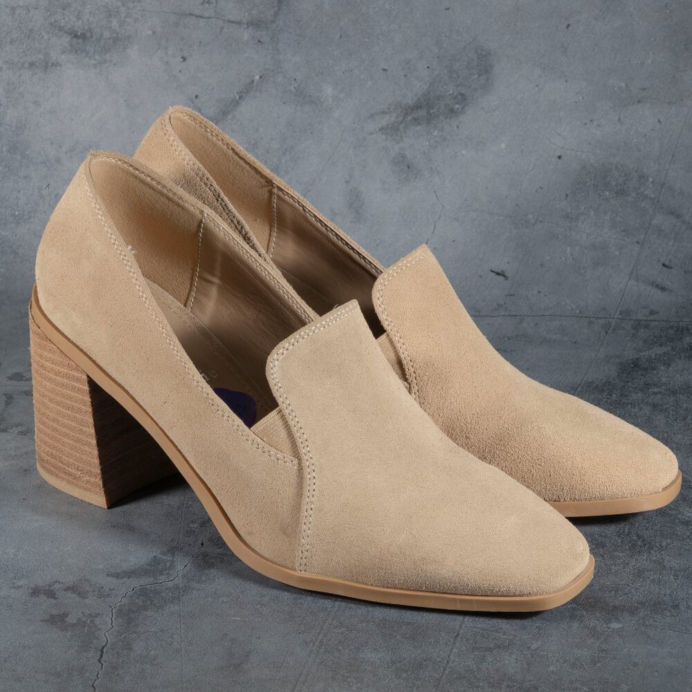 JOIE Square Toe Pumps Loafer Suede Slip On Leather Chunky Color Tan Size 8.5